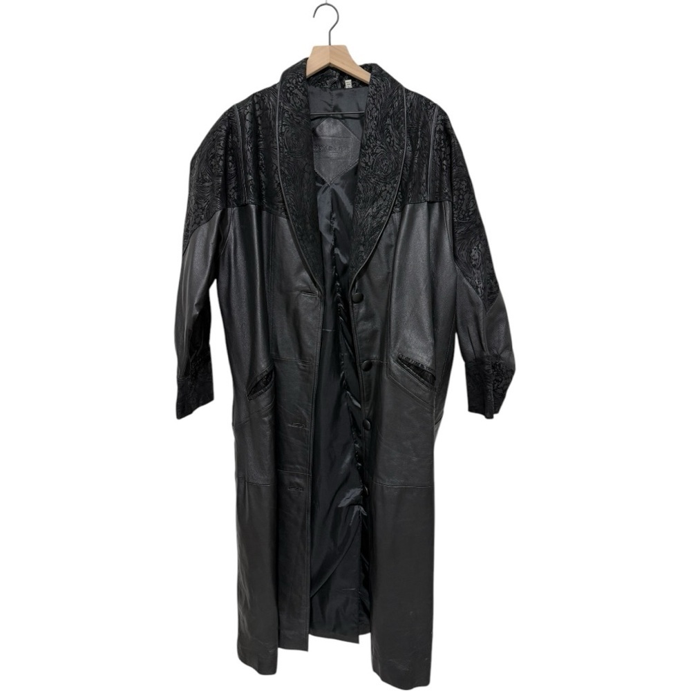 Vintage Preston & York Long Knee Black Leather Jacket Trench Coat Size L